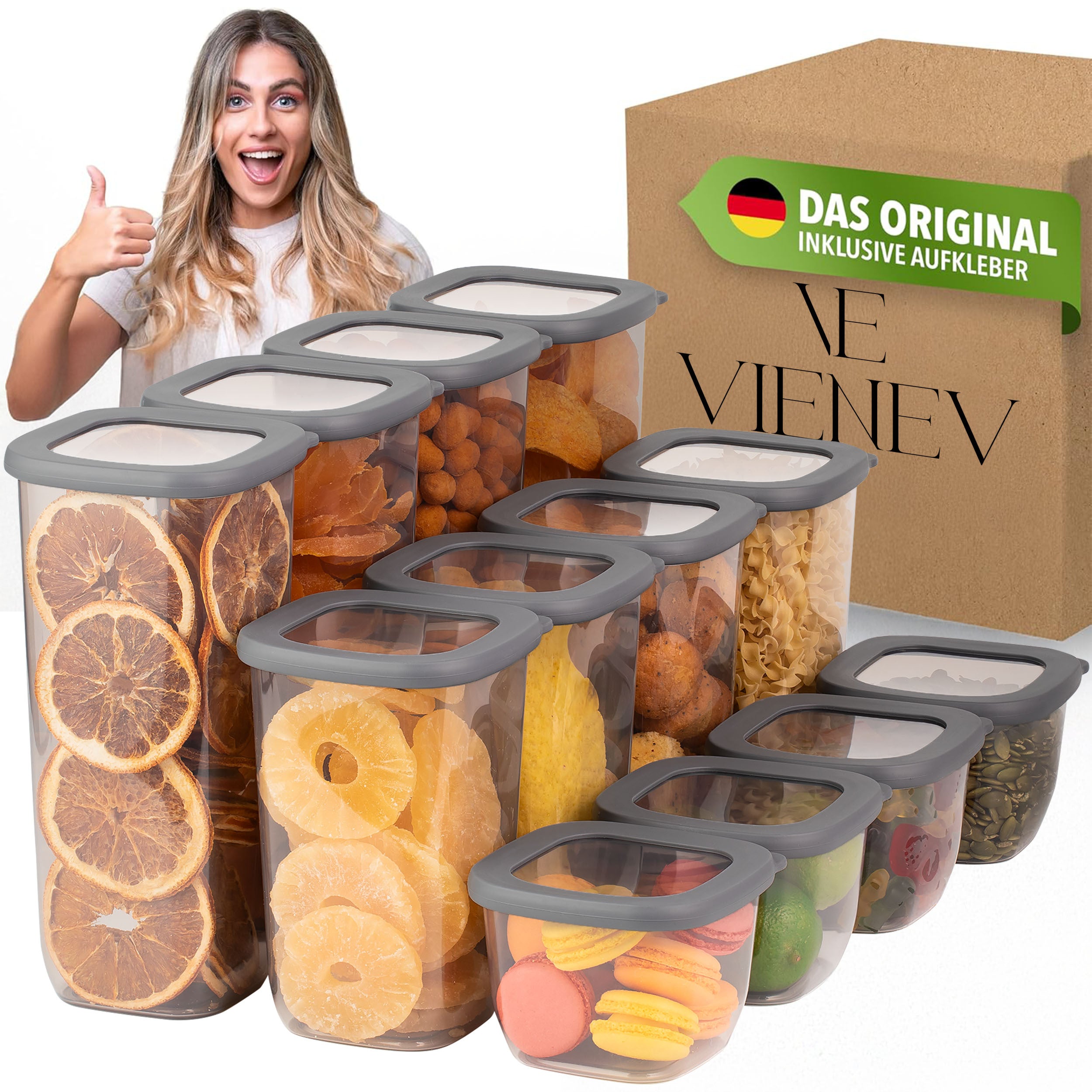 Vorratsdosen Set 12-teilig Luftdicht mit Deckel, Küchen Aufbewahrungsbehälter, Inkl. 80 Etiketten, BPA-frei, Spülmaschinenfest, VIENEV