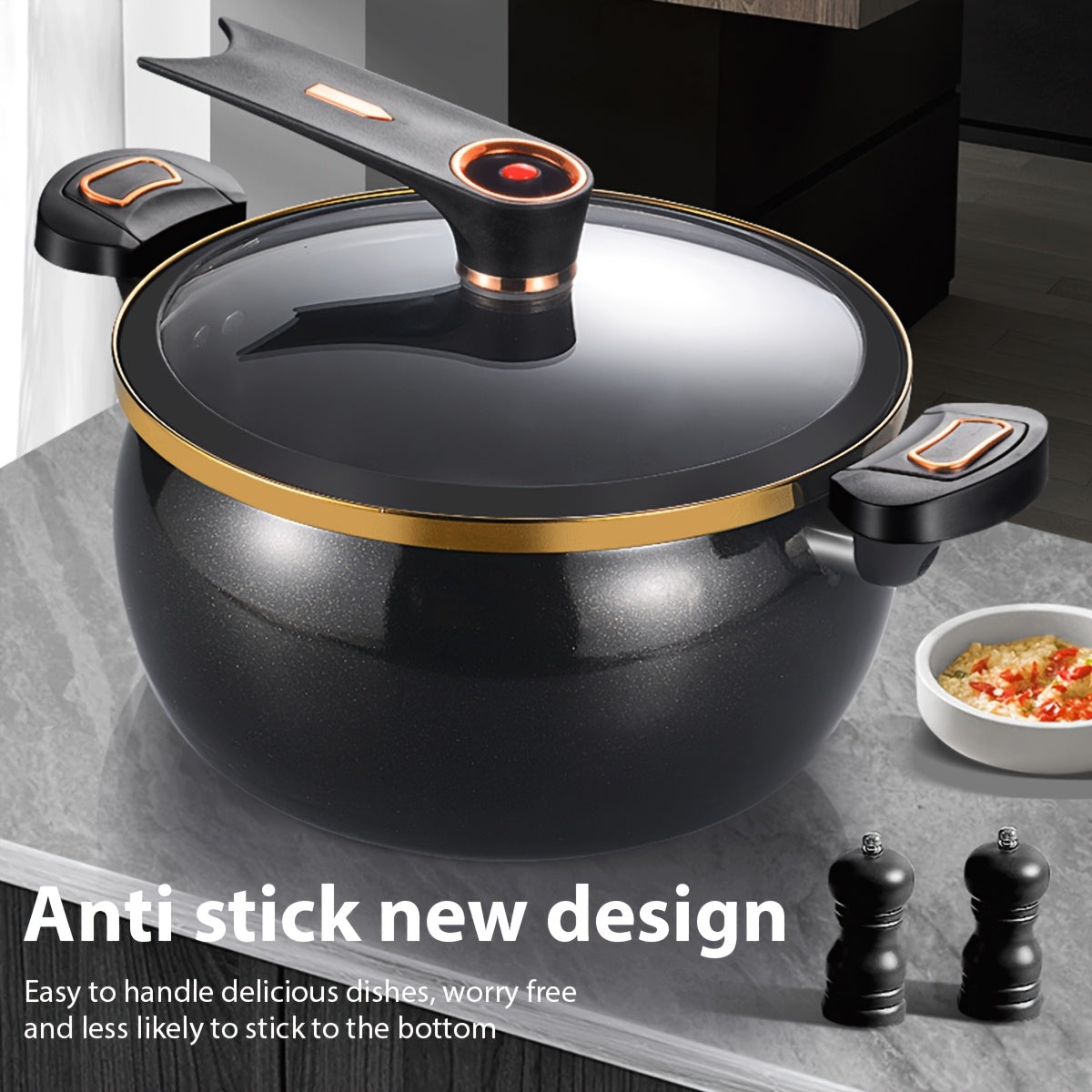 Kochtopf 28cm aus Gusseisen mit Glasdeckel, Schwarz-Gold, Perfekt für Suppen und Eintöpfe, Gasherd geeignet, Stilvolles Design