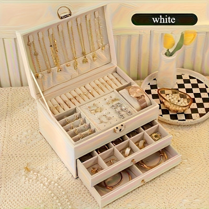 Schmuckkästchen aus Kunstleder, 3 Etagen, Vintage Rechteckige Aufbewahrungsbox mit Samt-Futter und Schlüsselschloss, Weiß, Multifunktional, Ideal für Schmuck, Raumdekoration