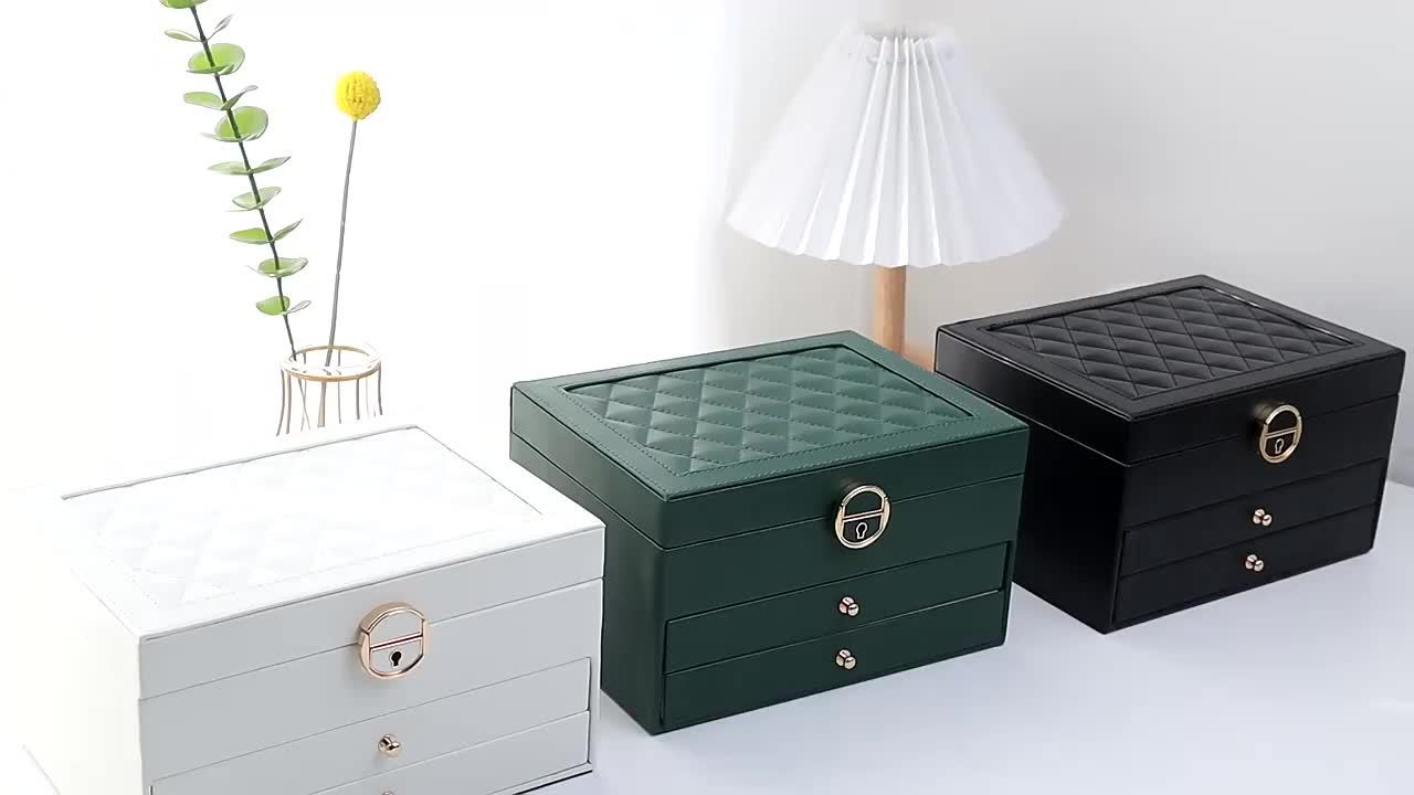 Schmuckkästchen aus Kunstleder, 3 Etagen, Vintage Rechteckige Aufbewahrungsbox mit Samt-Futter und Schlüsselschloss, Weiß, Multifunktional, Ideal für Schmuck, Raumdekoration