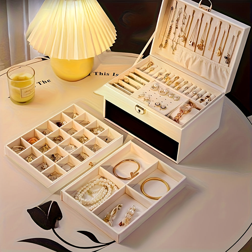Schmuckkästchen aus Kunstleder, 3 Etagen, Vintage Rechteckige Aufbewahrungsbox mit Samt-Futter und Schlüsselschloss, Weiß, Multifunktional, Ideal für Schmuck, Raumdekoration