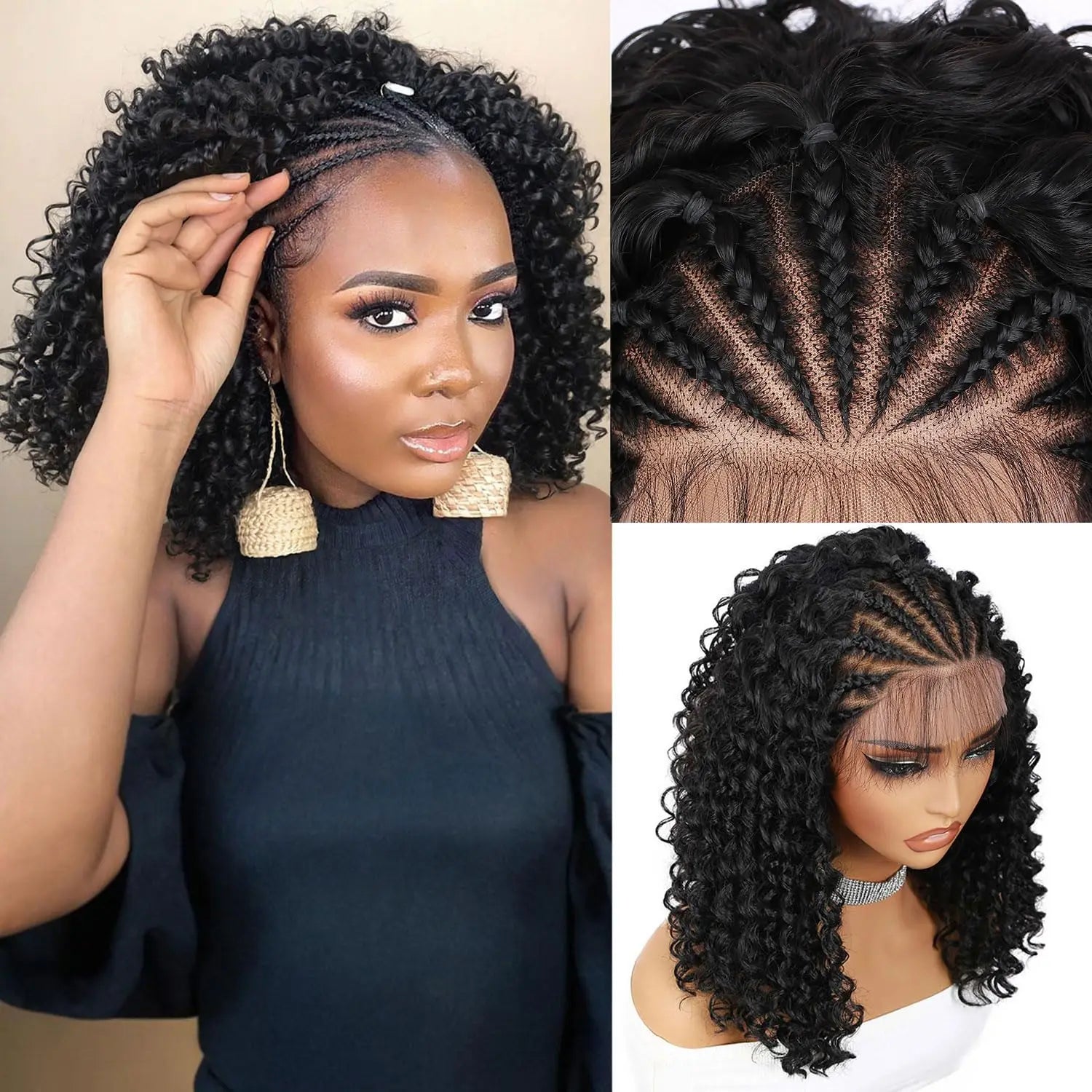 Fancy Hair Cornrow with Curly Hair Deep Wave Wig HD Lace Front Braided Wig with Baby Hair