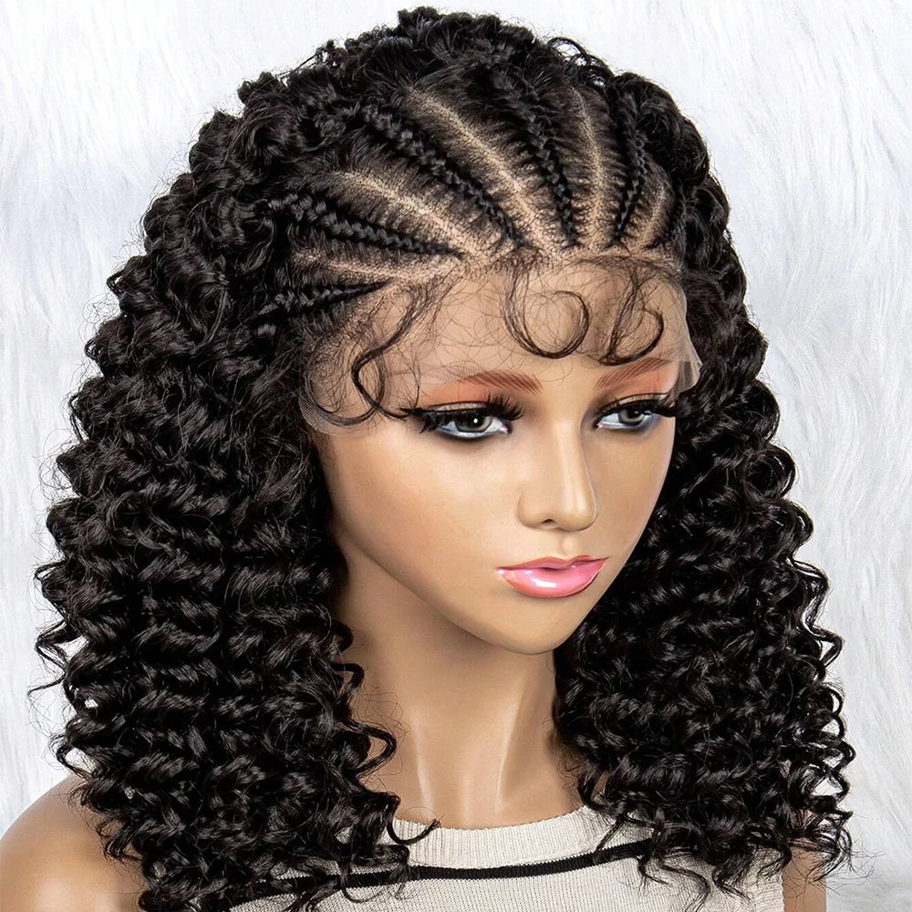 Fancy Hair Cornrow with Curly Hair Deep Wave Wig HD Lace Front Braided Wig with Baby Hair