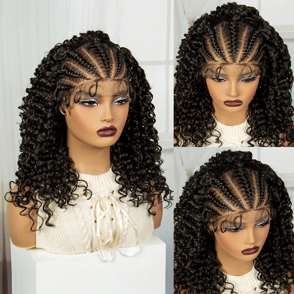 Fancy Hair Cornrow with Curly Hair Deep Wave Wig HD Lace Front Braided Wig with Baby Hair