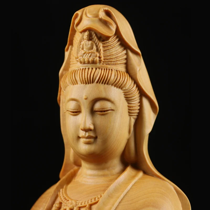Natural Cypress Guanyin  Buddha Decorative Characters Statue ,Solid Wood Art Carving Home Room Office Feng Shui Statue