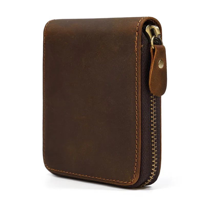 Men Crazy horse Genuine Leather Coin Wallet Real Leather Snap Short Purse Women Coin Pocket Zip Around Small Trifold Pocket