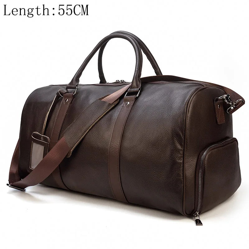 Big Capacity Genuine Leather Travel Bag For Men Women Soft Black Cowhide Casual Travel Duffel Large Luggage Weekend Shoulder Bag