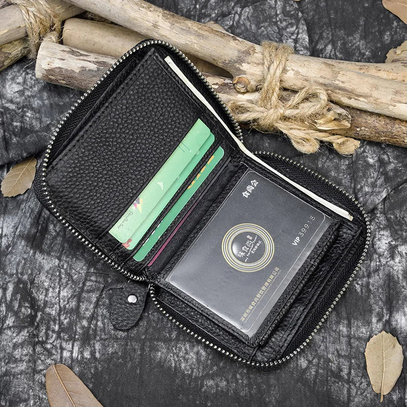 Men Crazy horse Genuine Leather Coin Wallet Real Leather Snap Short Purse Women Coin Pocket Zip Around Small Trifold Pocket