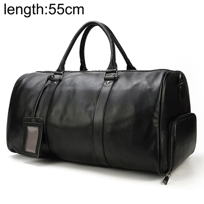 Big Capacity Genuine Leather Travel Bag For Men Women Soft Black Cowhide Casual Travel Duffel Large Luggage Weekend Shoulder Bag