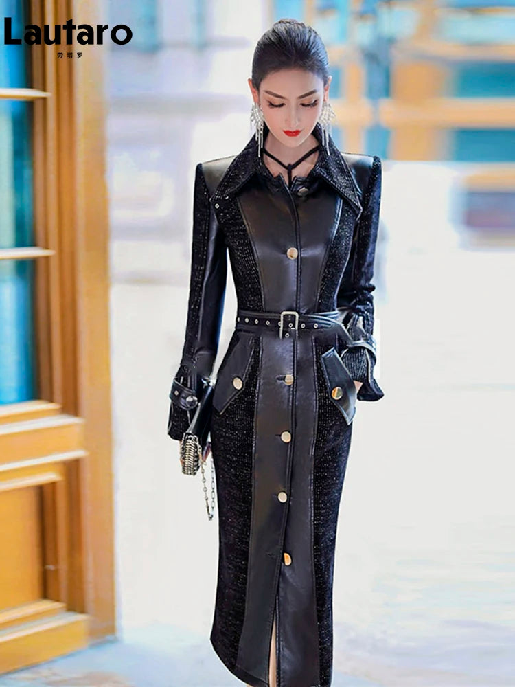 Lautaro Spring Autumn Long Luxury Elegant Fitted Patchwork Pu Leather Trench Coat for Women Single Breasted Runway Fashion 2023