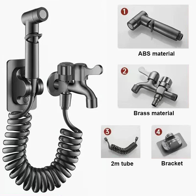Dual Outlet Brass Faucet with High-Pressure Spray Gun Kit for Sink/Bidet/Mop Pool - Anti-Leak Outdoor Water Tap & Hose
