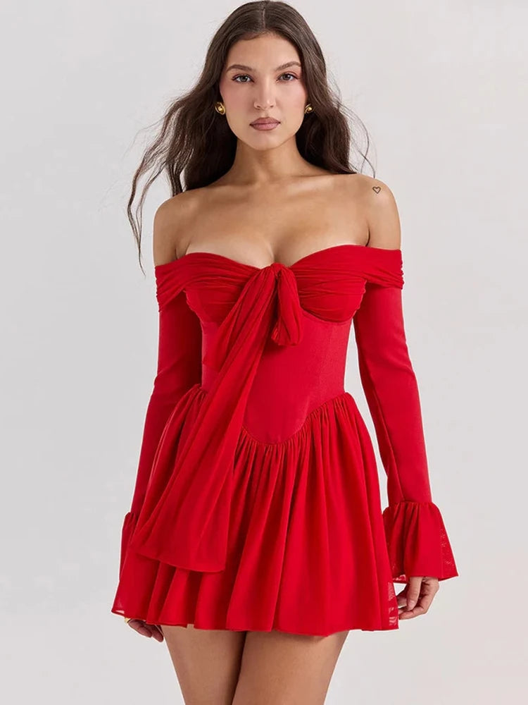 Mozision Elegant Strapless Backless Sexy Mini Dress For Women Red Off-shoulder Long Flare Sleeve Pleated Club Party Dress 2024