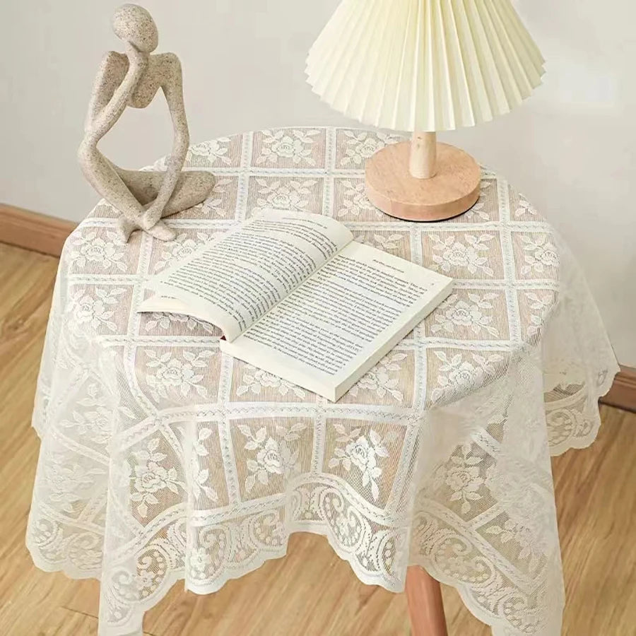 One Antique Embroidered Lace Tablecloth - Solid Color Elegant Flower Cut Process Polyester Square Tablecloth, 100% Polyester