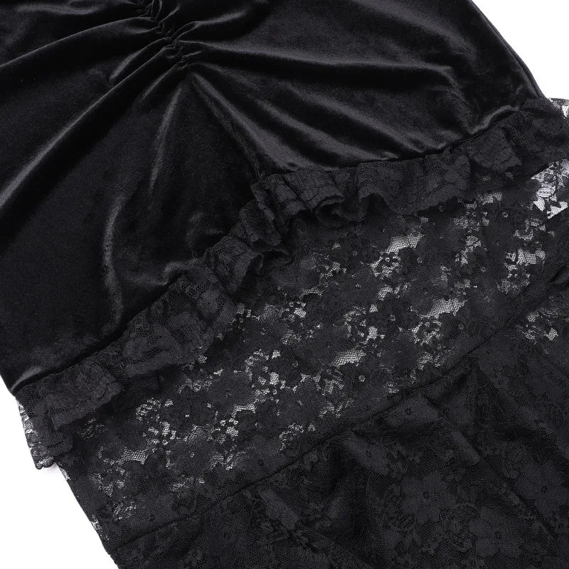 Goth Dark Pastel Goth Velvet Patchwork Lace Bodycon Skirt 90s Grunge Pleated Hem Split Skirts Women Alt Cloth Fairy Bottoms Slim