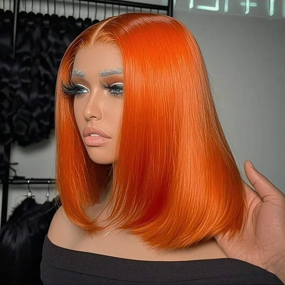 Ginger Orange Bob Wig Human Hair Straight 13x4 Short Bob Transparent Lace Frontal Wigs 200 Density Brazilian Hair Short Bob Wigs