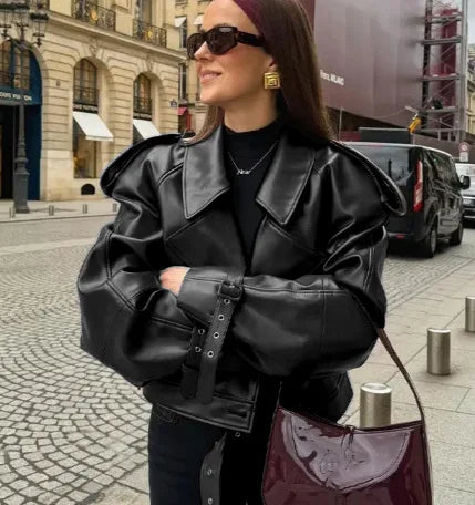 Vintage Lapel Leather Biker Jacket Women Bomber Jacket Short Coat Streetwear Zip Long Sleeve Windproof Outerwear Black Wine Red