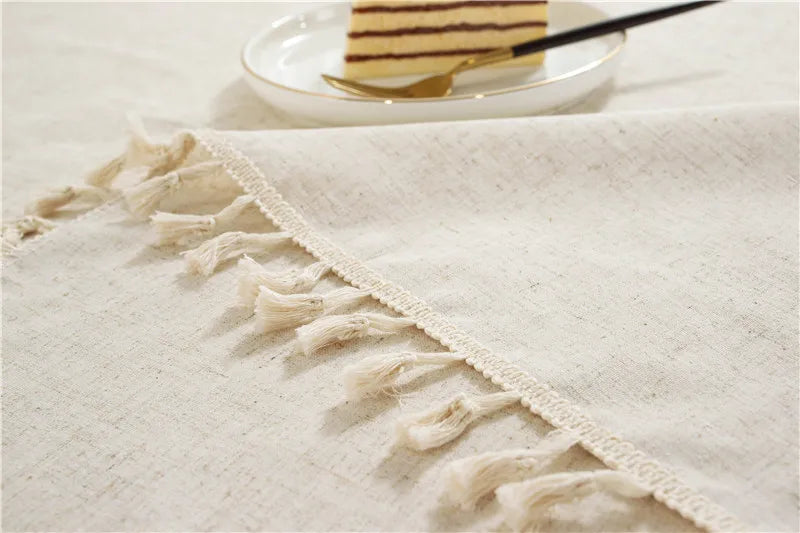Tablecloth - Simple & Elegant Polyester Linen Blend in Solid Color with Tassel Fringe forDining Table