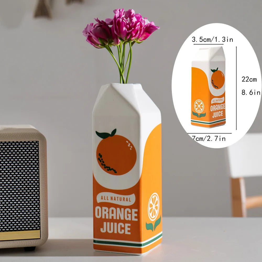 Vintage Orange Juice Vase Flower Vase Juice Box Ceramic Desktop Decoration for Home Living Room Cute Vase Office Creative Vase