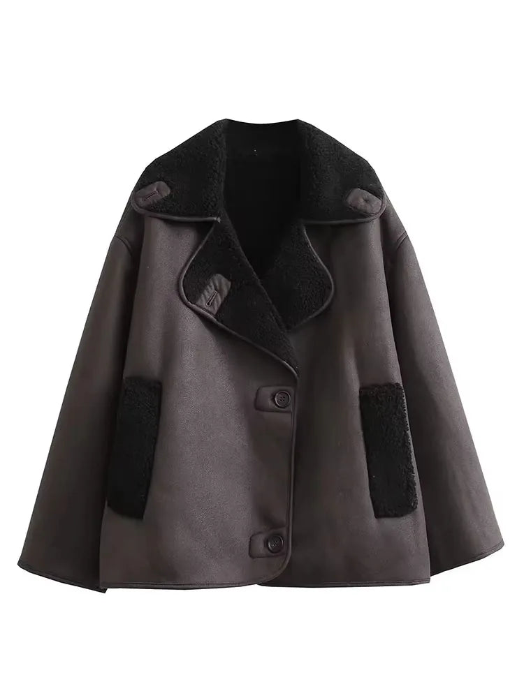 2023 Winter Women Warm Jacket Vintage Casual Solid Faux Leather Long Sleeve Coat Female Windbreaker Outwear Lapel Tops