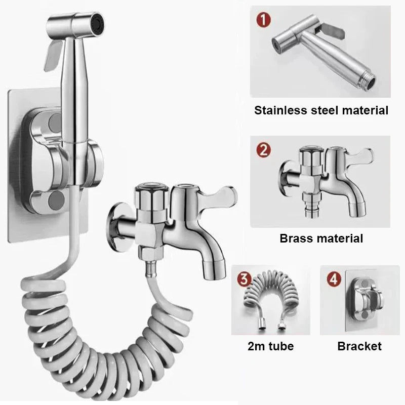 Dual Outlet Brass Faucet with High-Pressure Spray Gun Kit for Sink/Bidet/Mop Pool - Anti-Leak Outdoor Water Tap & Hose