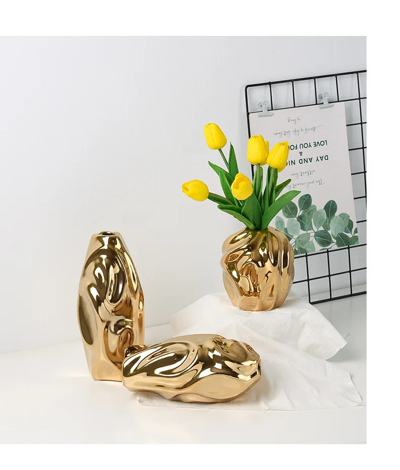 Modern Light Luxury Creative Ceramic Golden Vase Decoration Living Room Bedroom Decoration Cabinet Flower Vase Home Decoration