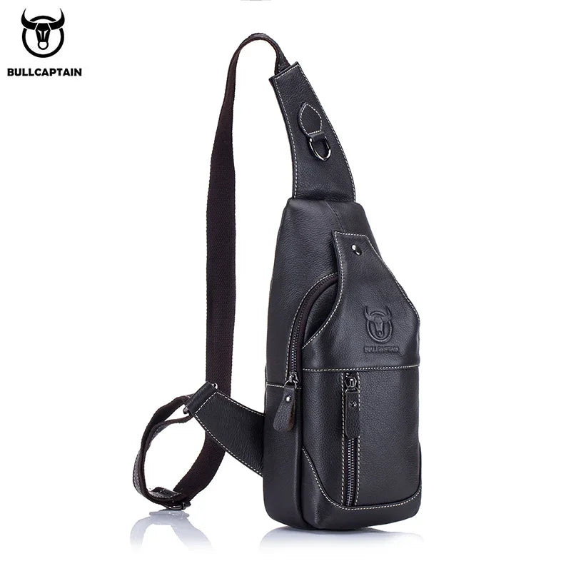 BULLCAPTAIN  Leather Messenger Bags Men's Casual Bag For Men Chest Bag Brand Designer Multi-Function Headphone Jack Chest Pack