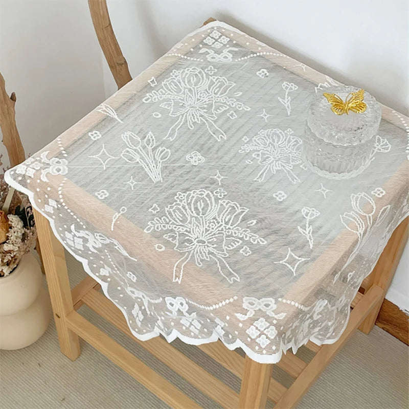 One Antique Embroidered Lace Tablecloth - Solid Color Elegant Flower Cut Process Polyester Square Tablecloth, 100% Polyester