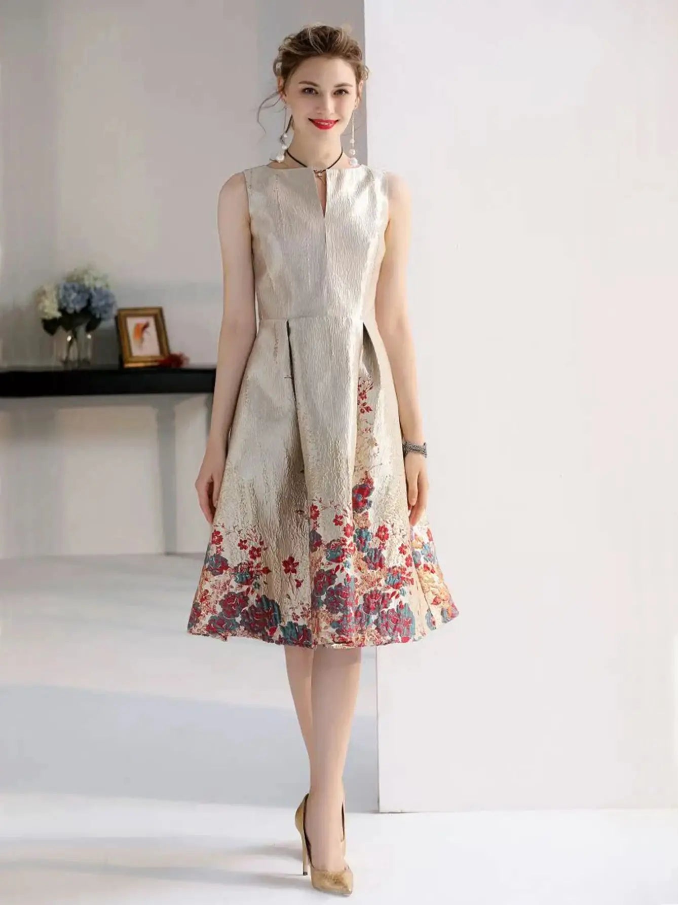 DEVCHATA Luxury Women Fashion High Quality Jacquard A Line Ball Gown Sleeveless Summer Casual Clothing Midi Femme Party Dressses