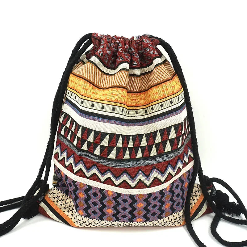 2025 Women Fabric Backpack Female Gypsy Bohemian Boho Chic Aztec Ibiza Tribal Ethnic Cottage Soft Brown Drawstring Rucksack Bags