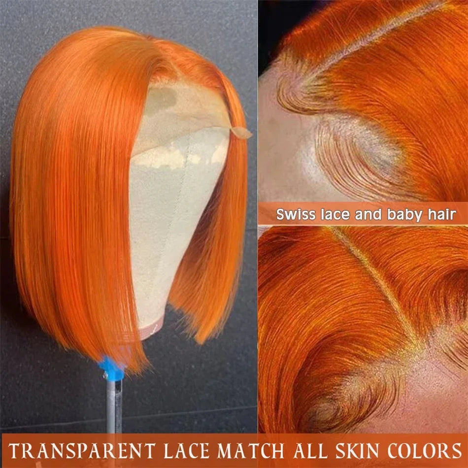 Ginger Orange Bob Wig Human Hair Straight 13x4 Short Bob Transparent Lace Frontal Wigs 200 Density Brazilian Hair Short Bob Wigs