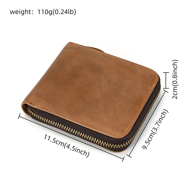 Men Crazy horse Genuine Leather Coin Wallet Real Leather Snap Short Purse Women Coin Pocket Zip Around Small Trifold Pocket