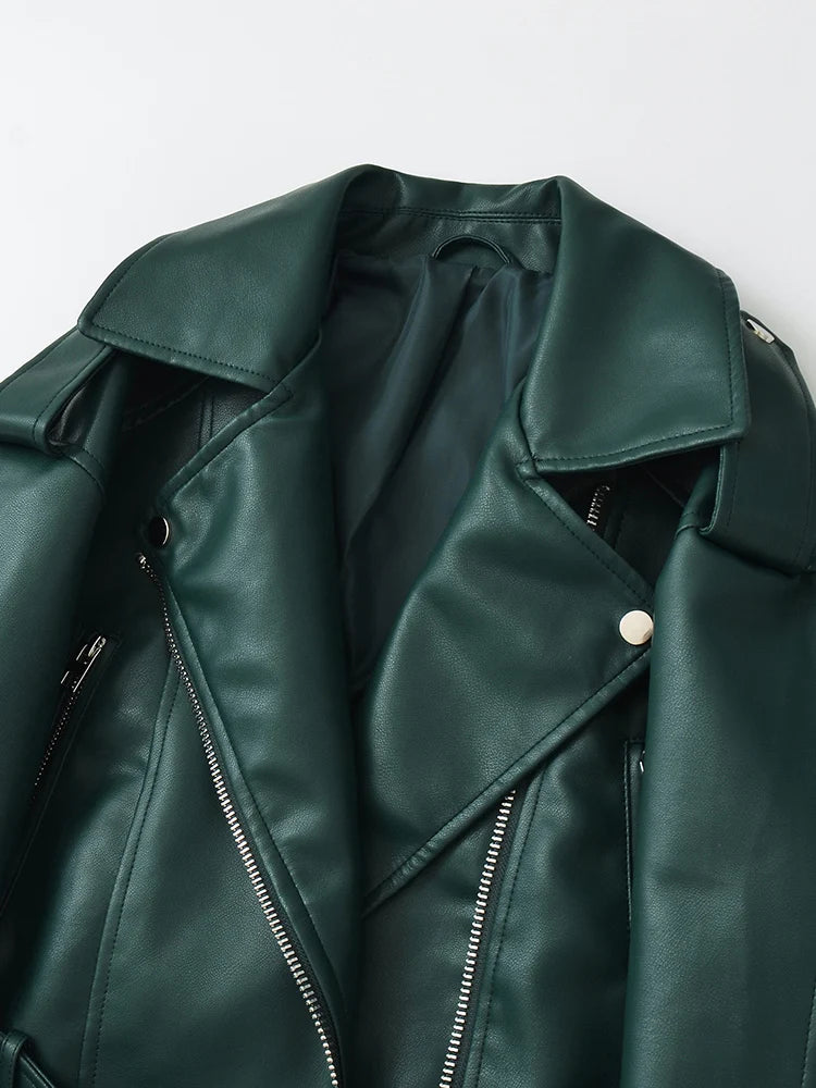 Ailegogo New Spring Autumn Women Loose Short Faux Leather Jacket Streetwear Female Zipper Belt Moto Biker Coat Outwear
