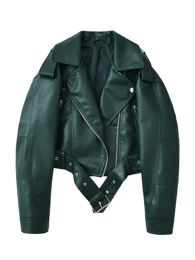 Ailegogo New Spring Autumn Women Loose Short Faux Leather Jacket Streetwear Female Zipper Belt Moto Biker Coat Outwear