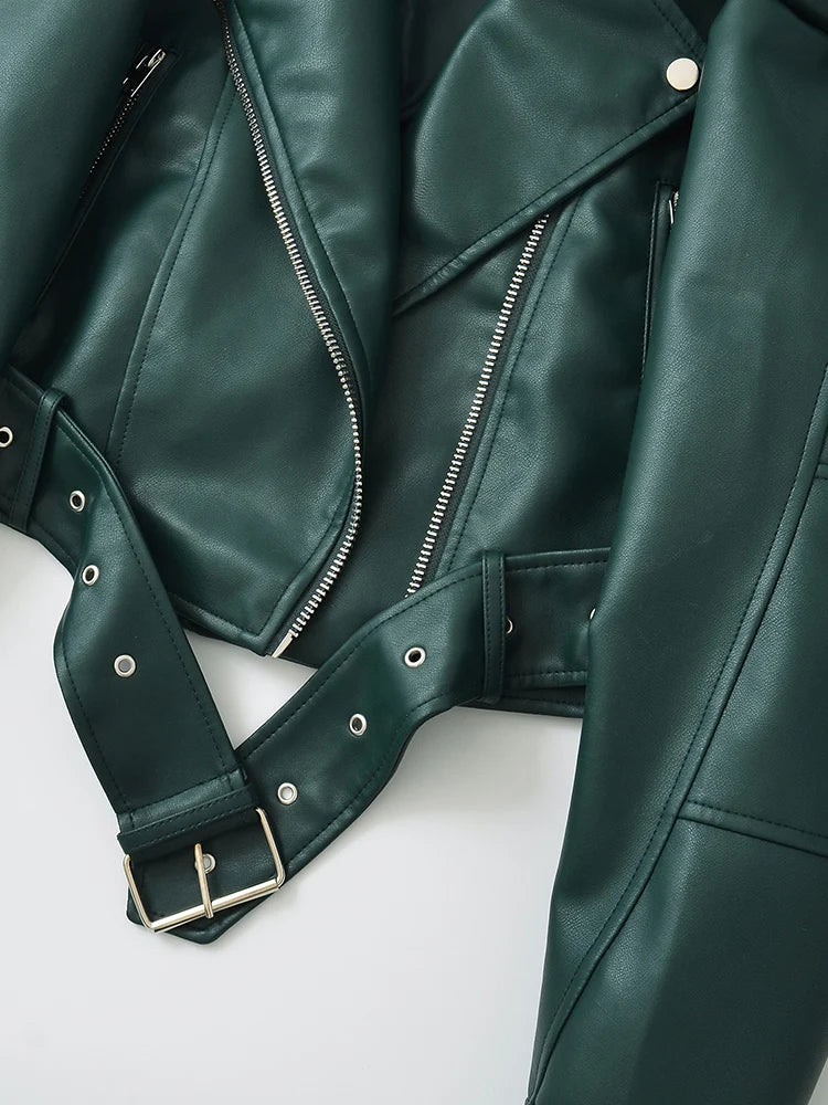 Ailegogo New Spring Autumn Women Loose Short Faux Leather Jacket Streetwear Female Zipper Belt Moto Biker Coat Outwear