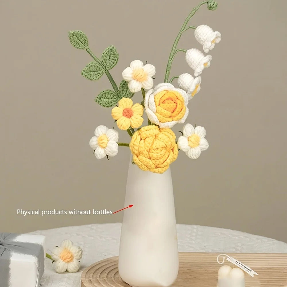 Crochet bouquet vase, a flower gift for mothers and ladies on Mother's Day. Pink rose artificial flower vase, suitable for birth