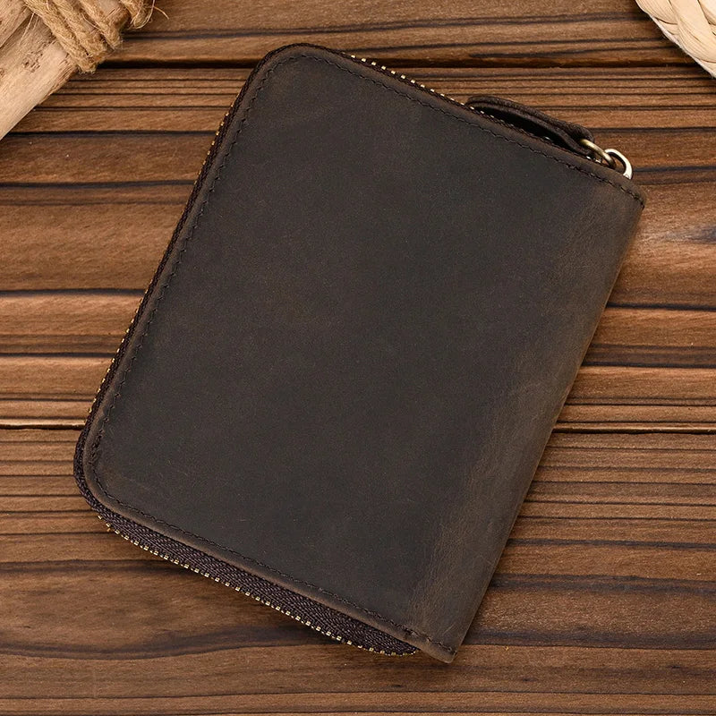 Men Crazy horse Genuine Leather Coin Wallet Real Leather Snap Short Purse Women Coin Pocket Zip Around Small Trifold Pocket