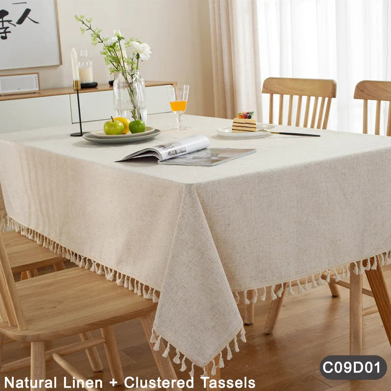 Tablecloth - Simple & Elegant Polyester Linen Blend in Solid Color with Tassel Fringe forDining Table