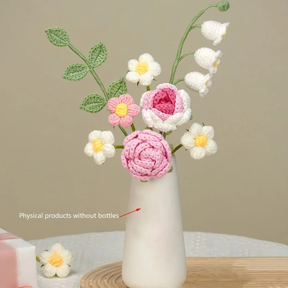 Crochet bouquet vase, a flower gift for mothers and ladies on Mother's Day. Pink rose artificial flower vase, suitable for birth