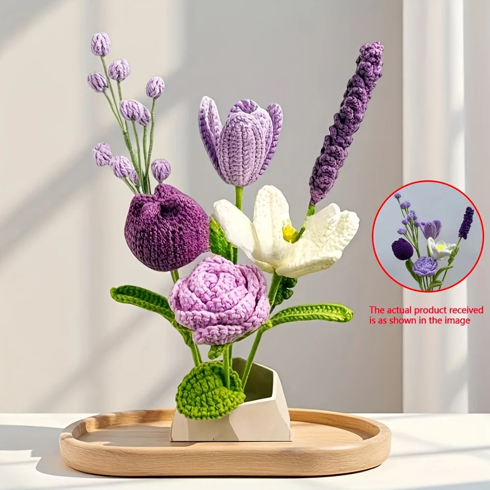 Crochet bouquet vase, a flower gift for mothers and ladies on Mother's Day. Pink rose artificial flower vase, suitable for birth