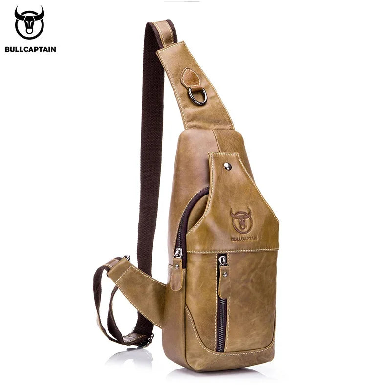 BULLCAPTAIN  Leather Messenger Bags Men's Casual Bag For Men Chest Bag Brand Designer Multi-Function Headphone Jack Chest Pack