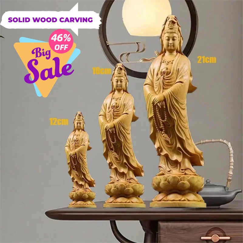 Natural Cypress Guanyin  Buddha Decorative Characters Statue ,Solid Wood Art Carving Home Room Office Feng Shui Statue