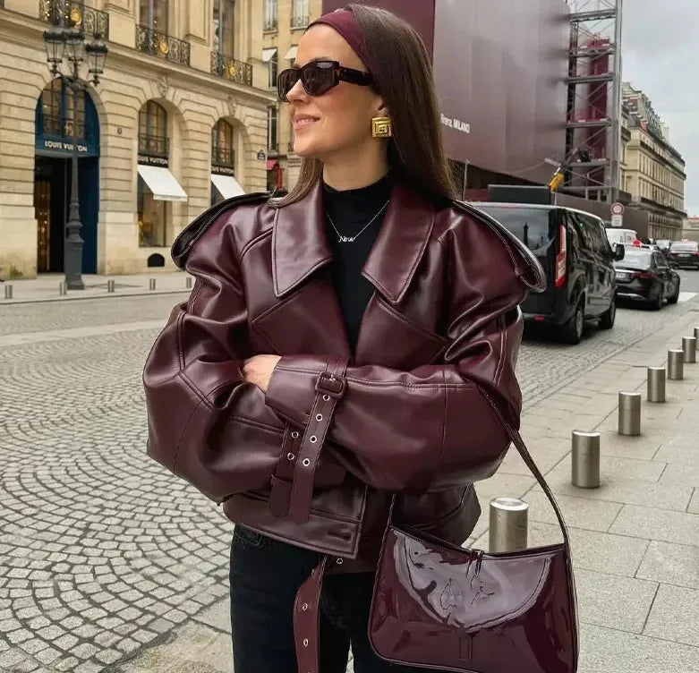 Vintage Lapel Leather Biker Jacket Women Bomber Jacket Short Coat Streetwear Zip Long Sleeve Windproof Outerwear Black Wine Red