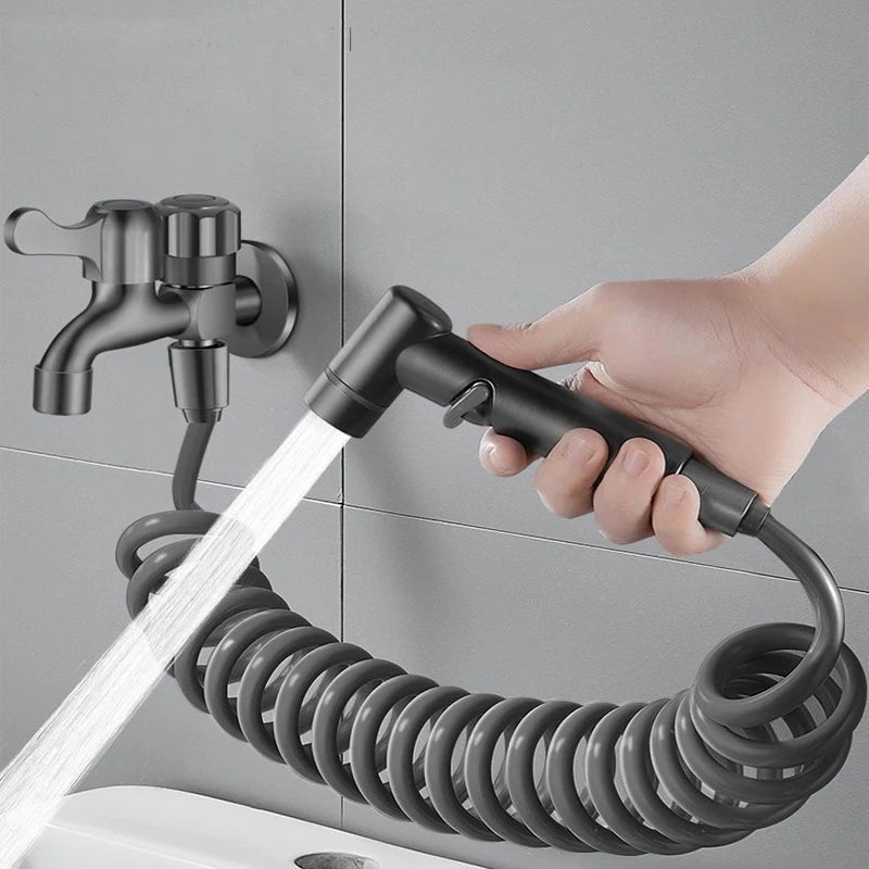 Dual Outlet Brass Faucet with High-Pressure Spray Gun Kit for Sink/Bidet/Mop Pool - Anti-Leak Outdoor Water Tap & Hose