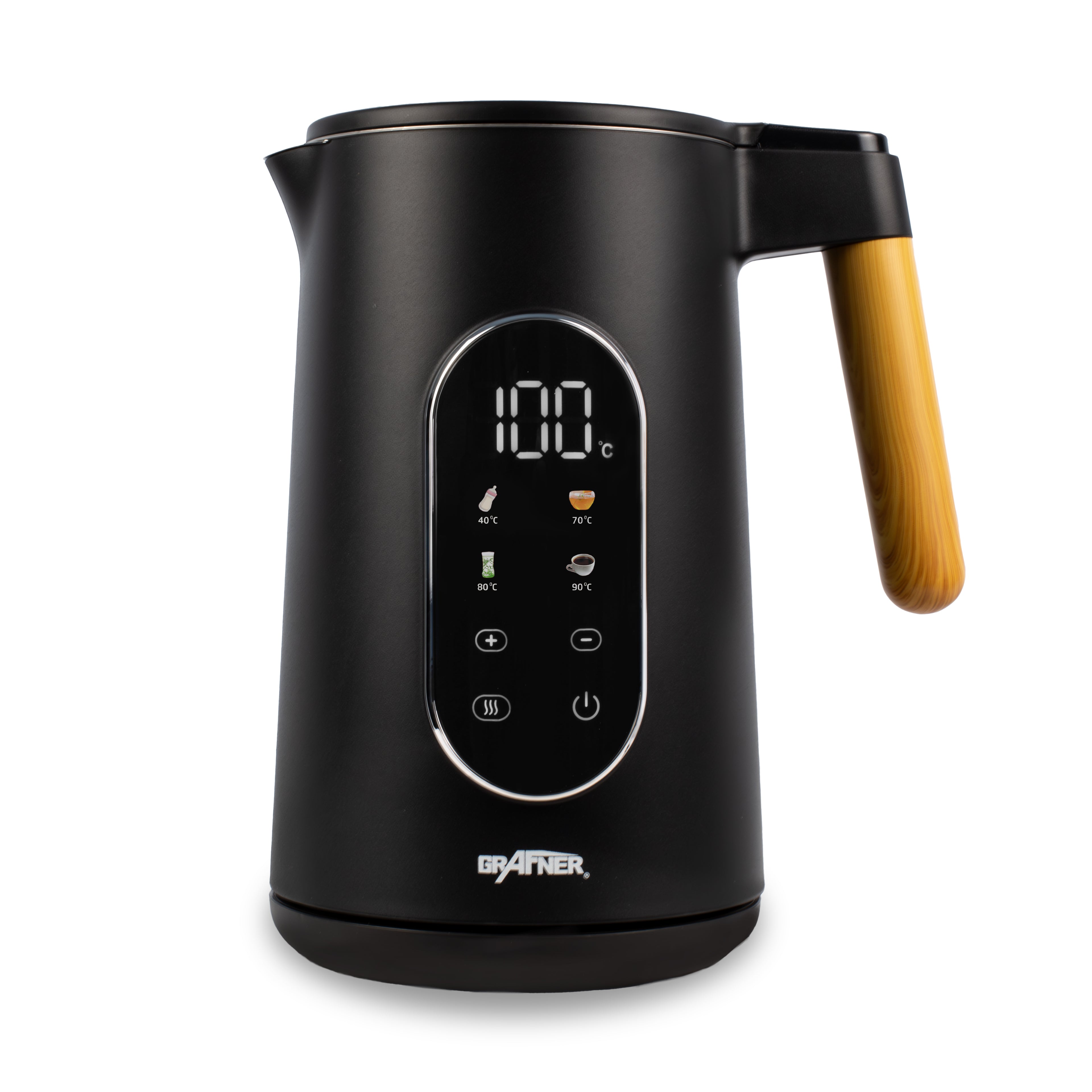 Wasserkocher mit Temperaturwahl Edelstahl, 40°C-100°C, Großes Display, Warmhaltefunktion und Memoryfunktion, 4 Programme, Doppelwandig, 1,7 Liter, 2200 Watt, GRAFNER